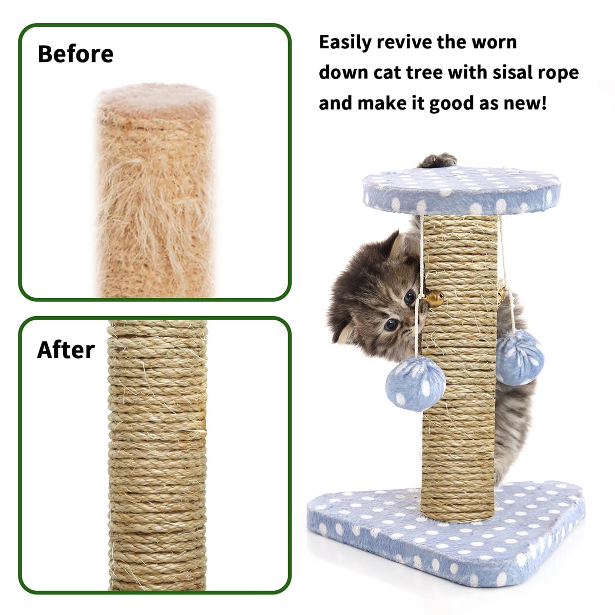 Natural Sisal Rope 1/4 Inch By 49-Feet For Cat Scratching Post Tree Tower Replacement Repair And Replace, Diy Hemp Twine Rope Fo